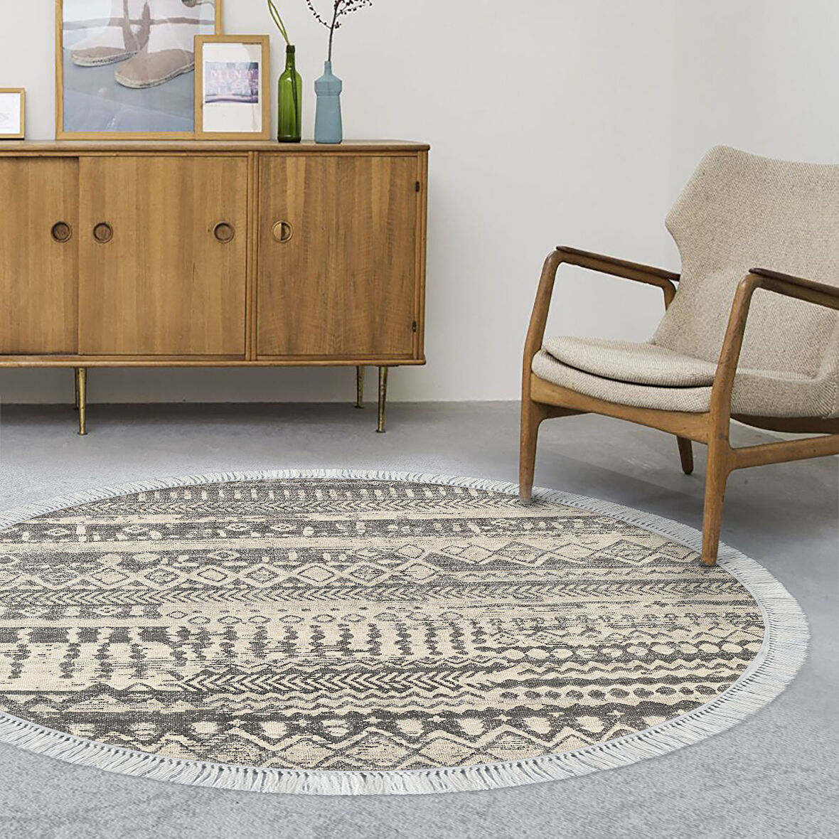 Dekoreko Kaymaz Taban Djt Salon Halısı Yıldız Deri Saçaklı Yuvarlak İskandinav F5080