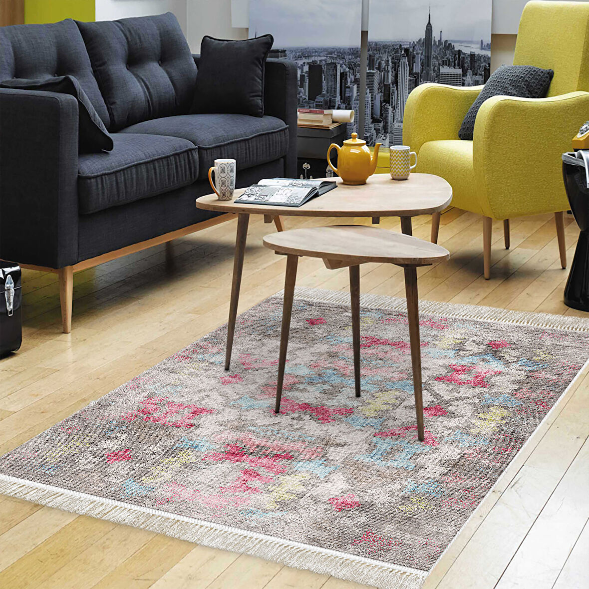 Dekoreko Kaymaz Taban Djt Salon Halısı Star Pamuk Saçaklı Modern F5138