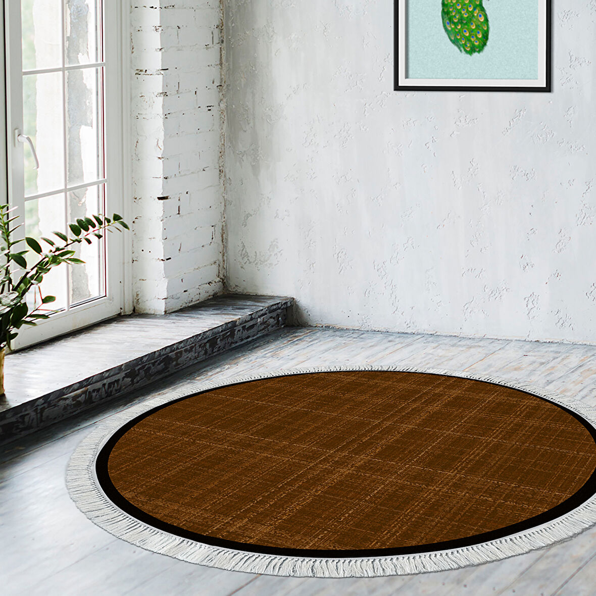 Alanur Home Kaymaz Taban Djt Banyo Mutfak Salon Halı Yıldız Deri Saçaklı Yuvarlak Dokuma Desen E5007