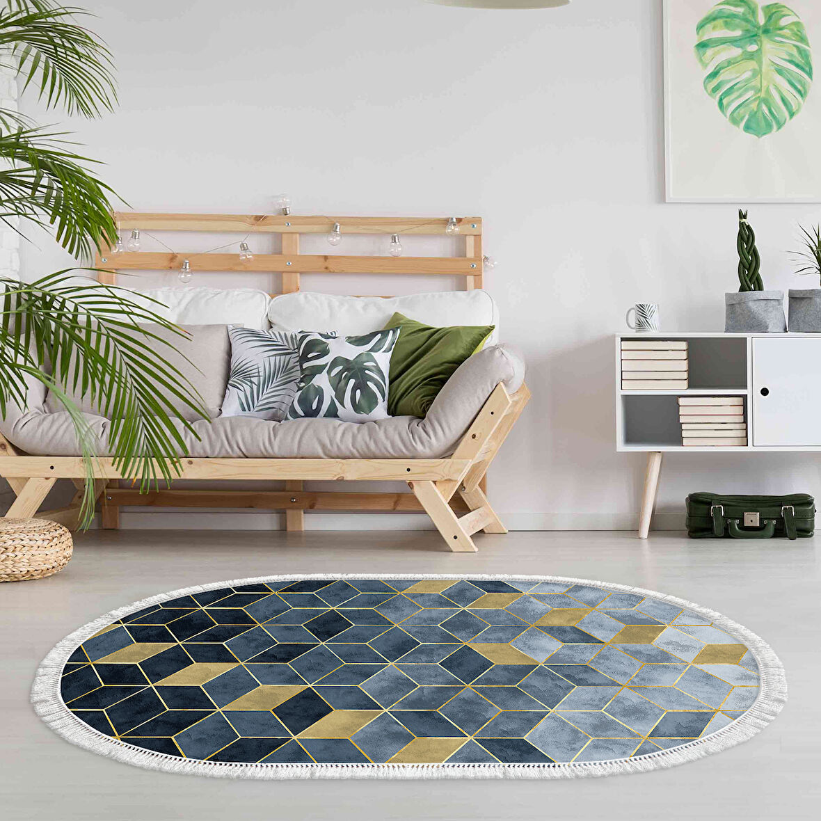 Dekoreko Kaymaz Taban Djt Salon Halısı Yıldız Deri Saçaklı Oval İskandinav 2146M