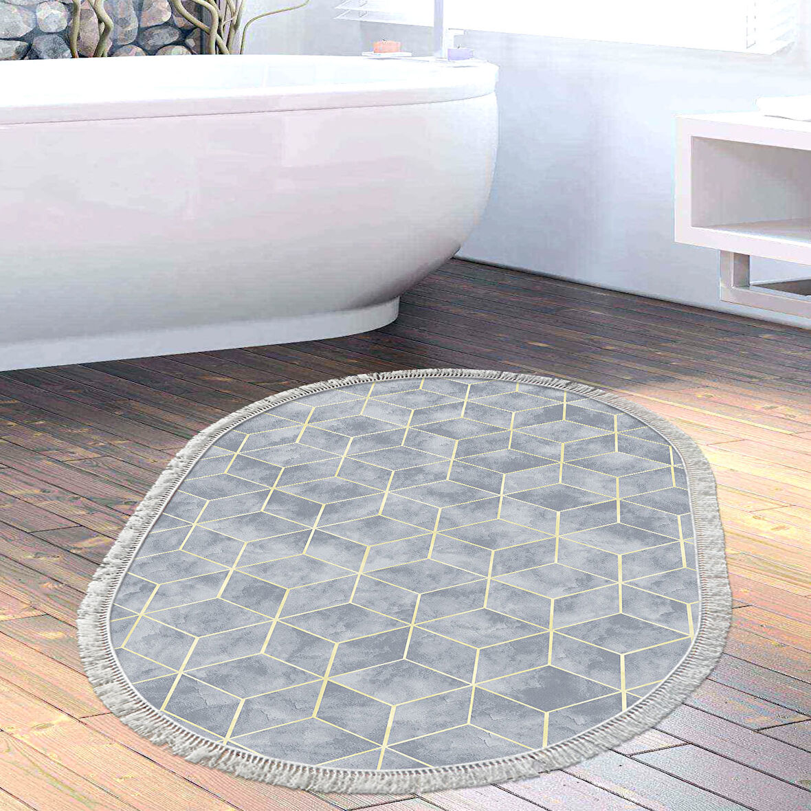 Dekoreko Kaymaz Taban Djt Banyo Halısı Trend Saçaklı Oval Modern 627M