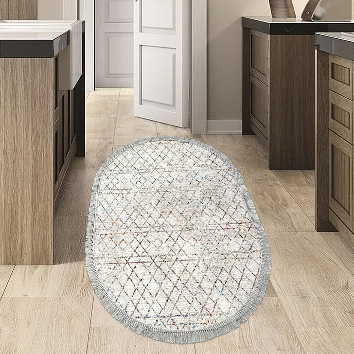 Dekoreko Kaymaz Taban Djt Mutfak Halısı Yıldız Deri Saçaklı Oval İskandinav F5079