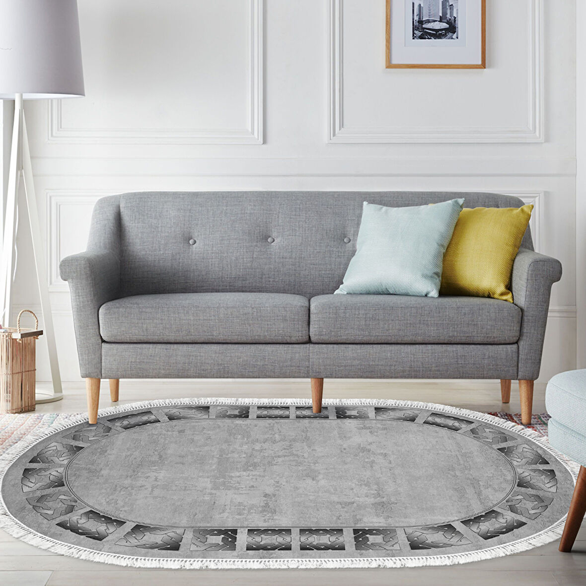 Dekoreko Kaymaz Taban Djt Salon Halısı Trend Saçaklı Oval Modern 691M