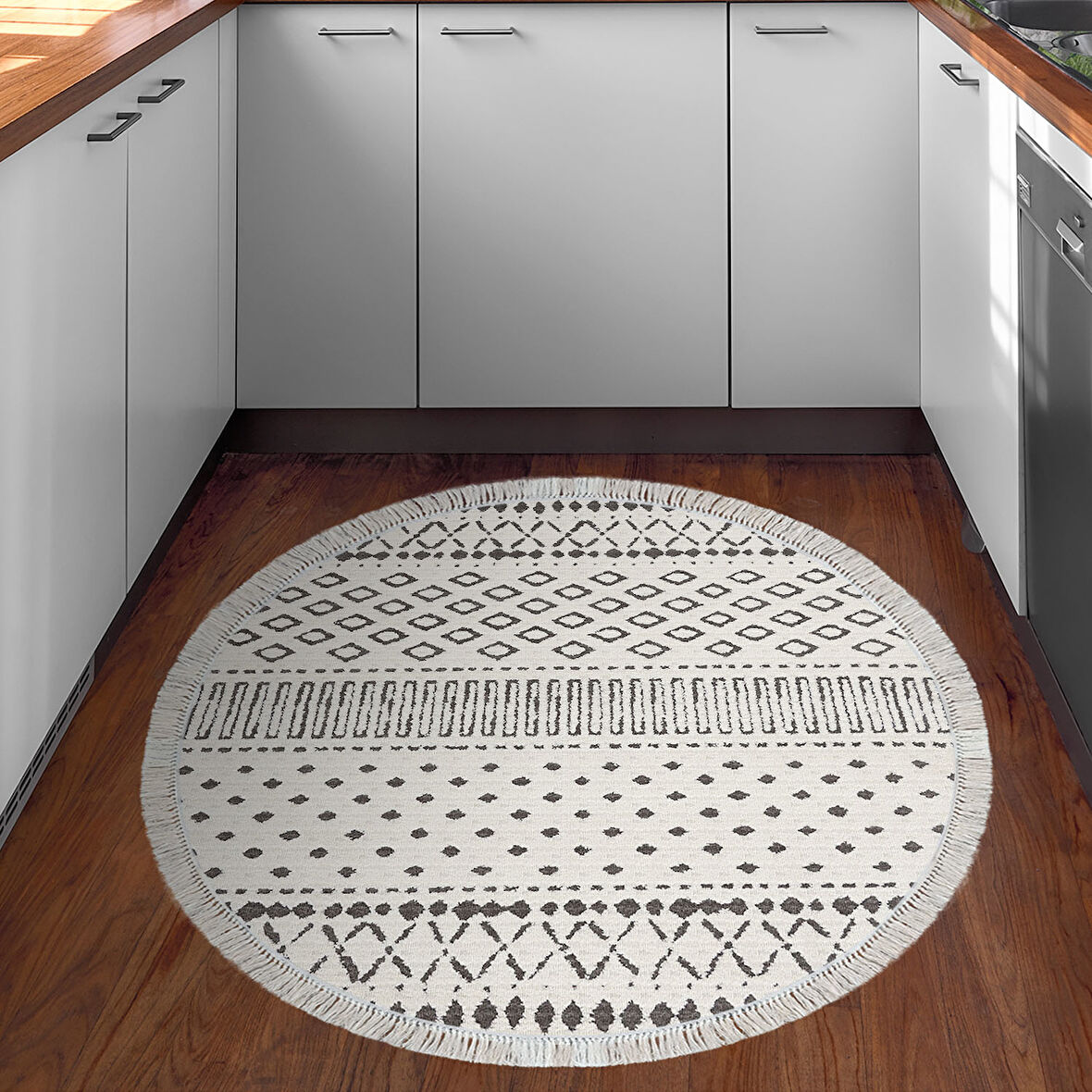 Dekoreko Kaymaz Taban Djt Mutfak Halısı Star Pamuk Saçaklı Yuvarlak İskandinav F5086