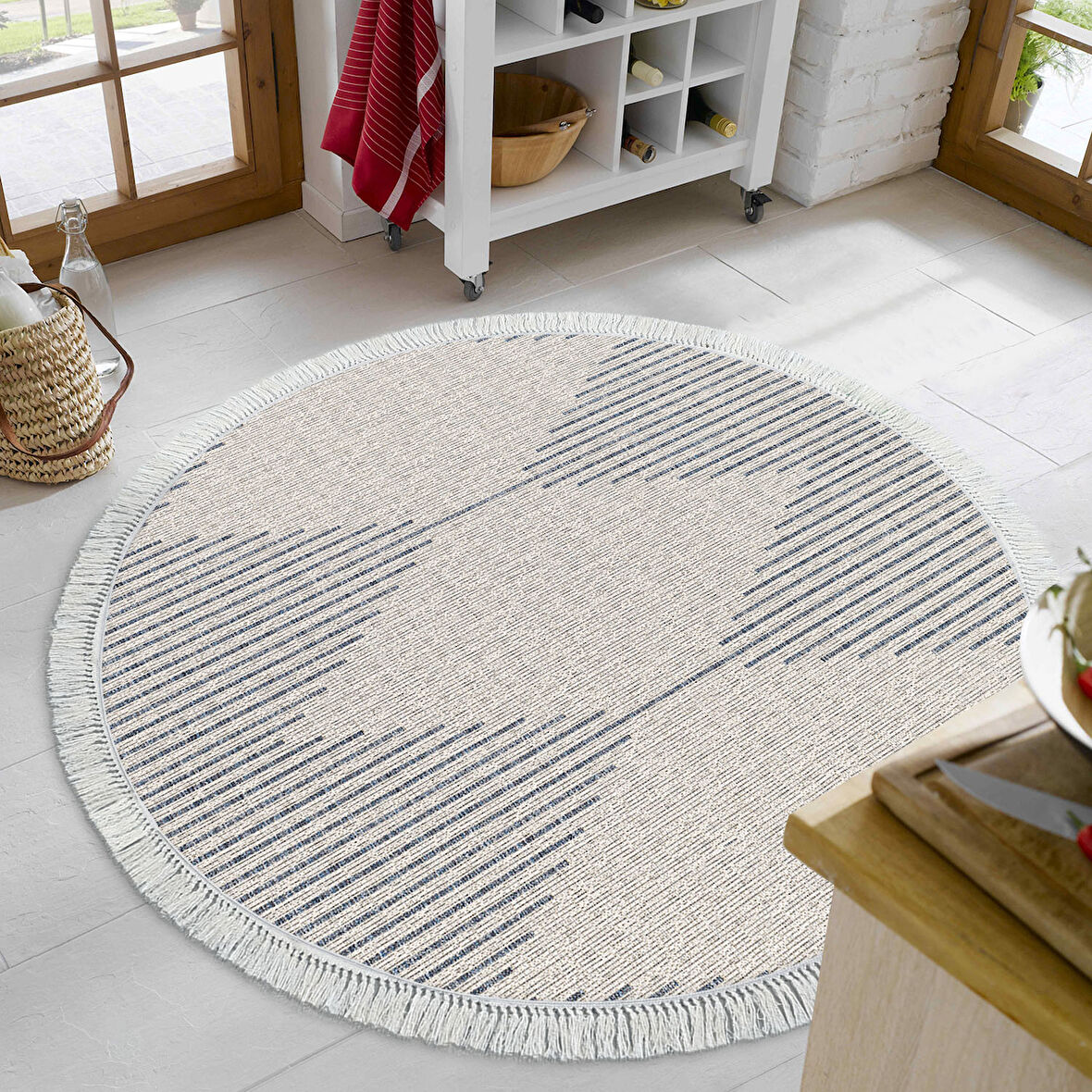 Dekoreko Kaymaz Taban Djt Mutfak Halısı Yıldız Deri Saçaklı Yuvarlak İskandinav F5085