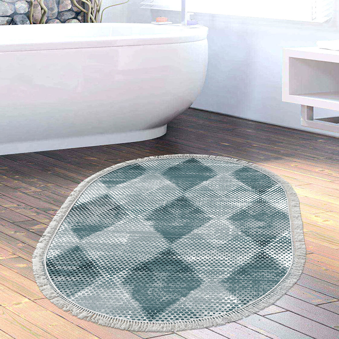 Dekoreko Kaymaz Taban Djt Banyo Halısı Trend Saçaklı Oval İskandinav F5131
