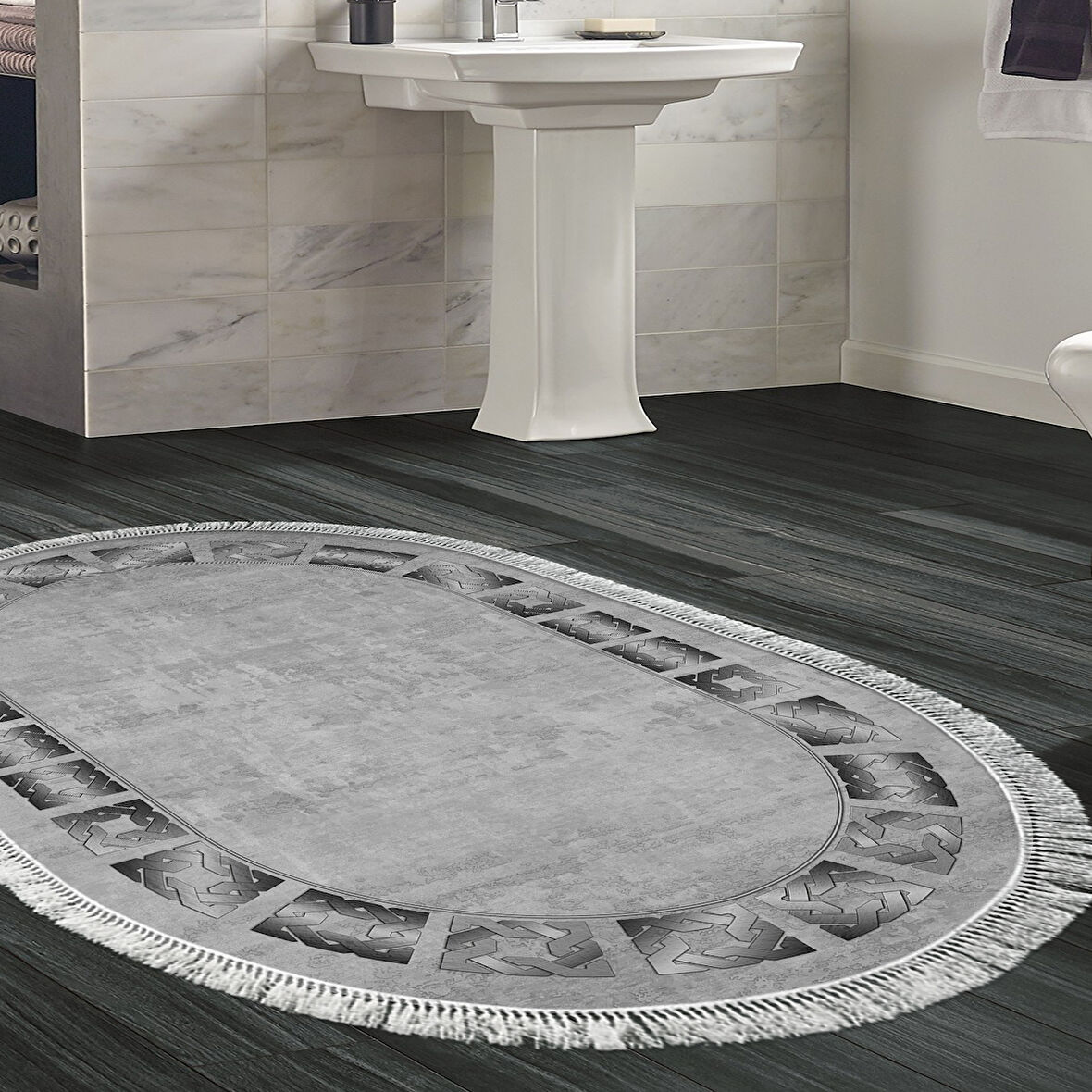 Dekoreko Kaymaz Taban Djt Banyo Halısı Trend Saçaklı Oval Modern 691M