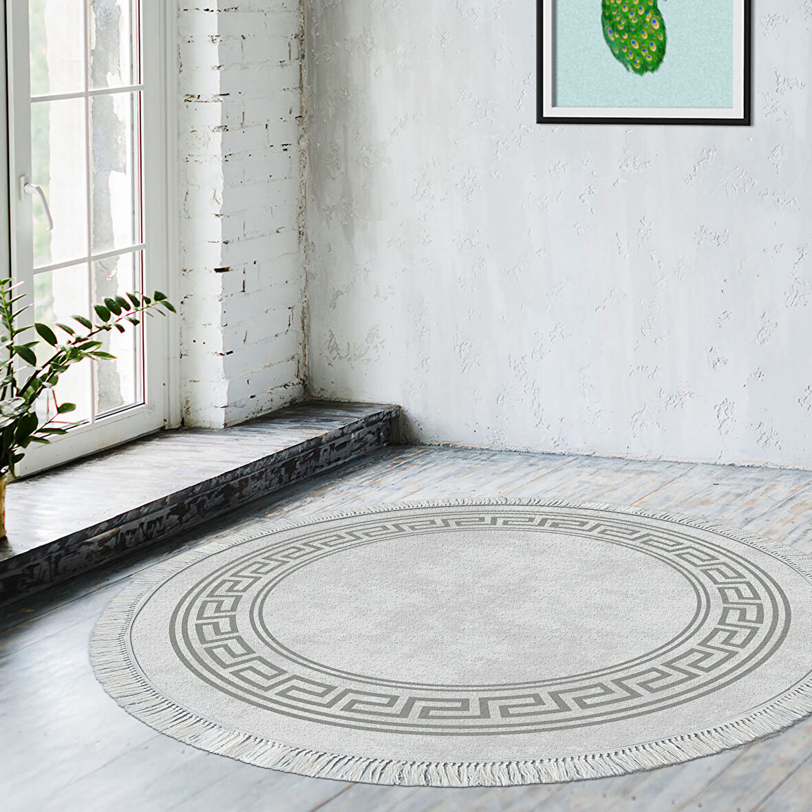 Dekoreko Kaymaz Taban Djt Salon Halısı Yıldız Deri Saçaklı Yuvarlak Modern 626M