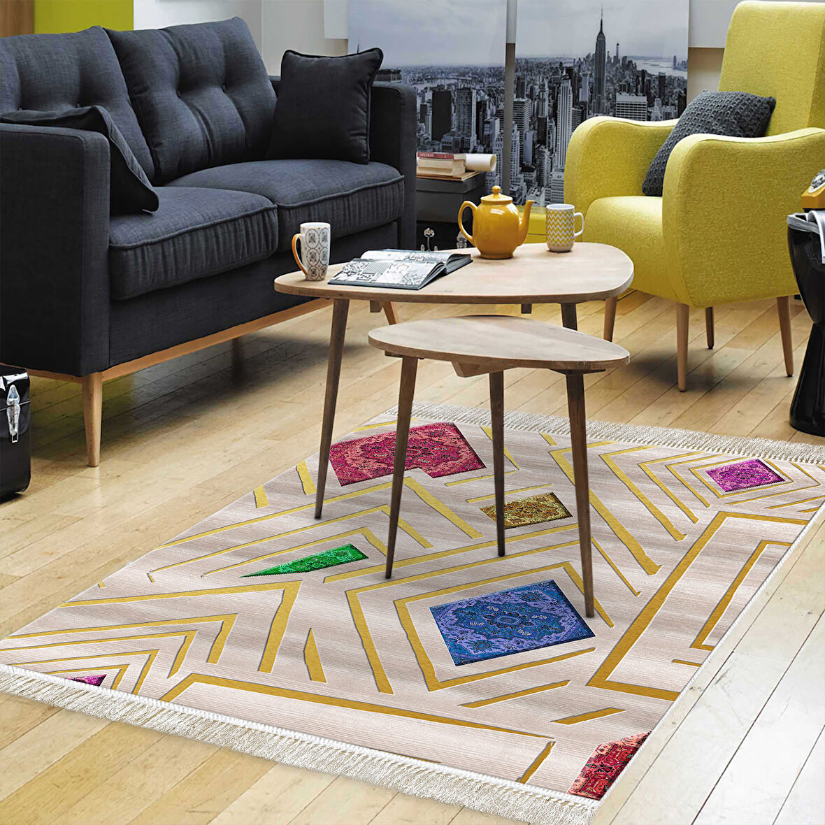 Dekoreko Kaymaz Taban Djt Salon Halısı Yıldız Deri Saçaklı Modern P1337