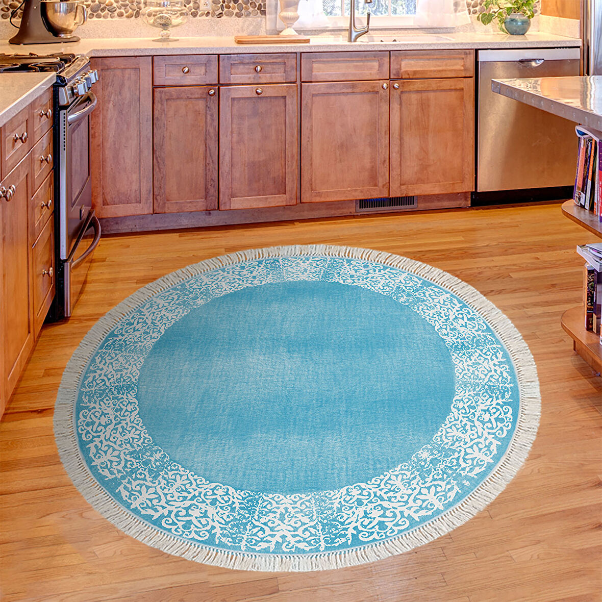 Dekoreko Kaymaz Taban Djt Mutfak Halısı Star Pamuk Saçaklı Yuvarlak Modern 1460