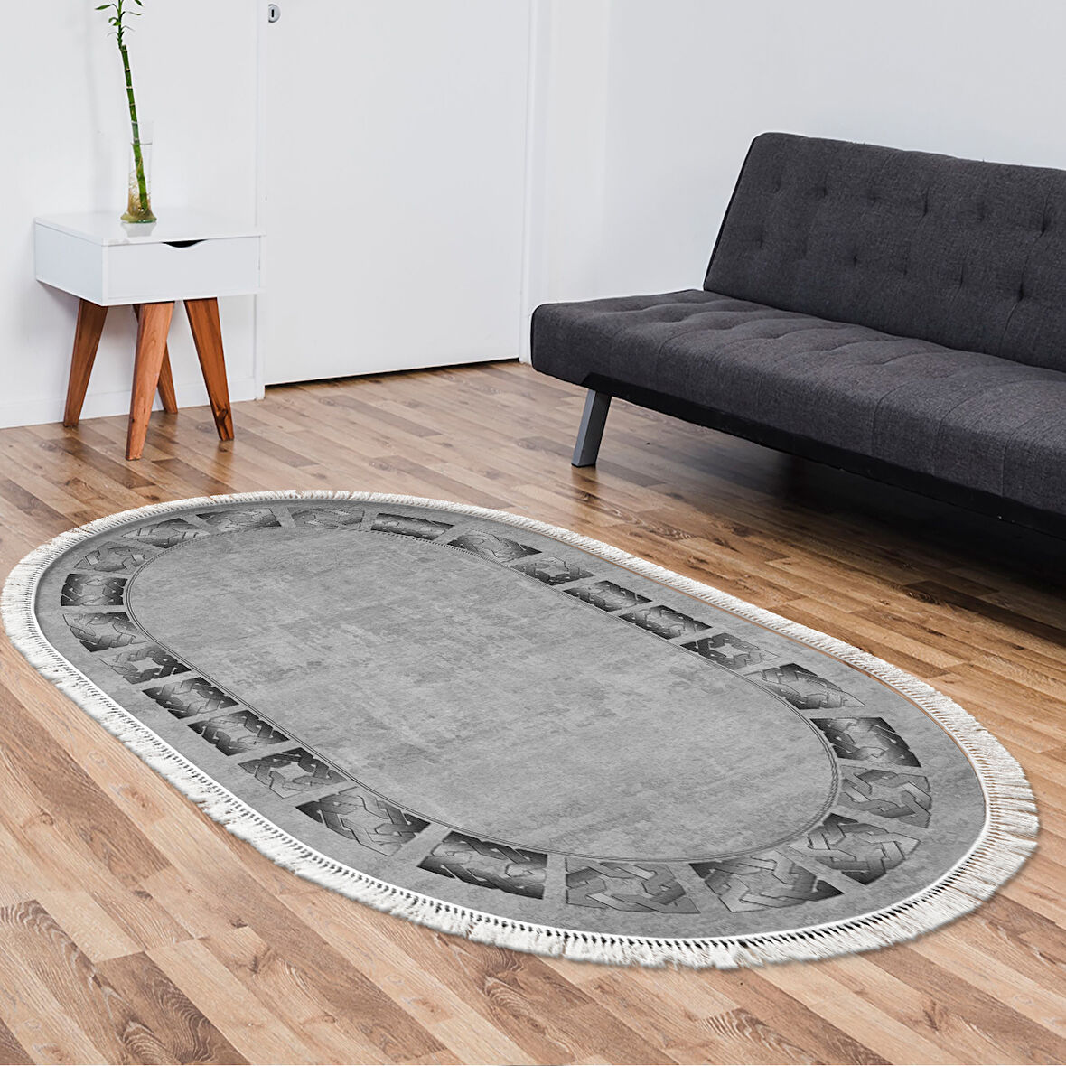 Dekoreko Kaymaz Taban Djt Salon Halısı Yıldız Deri Saçaklı Oval Modern 691M