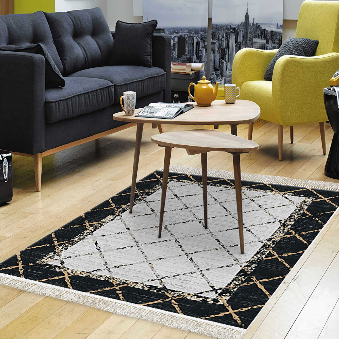 Dekoreko Kaymaz Taban Djt Salon Halısı Star Pamuk Saçaklı Modern M5129