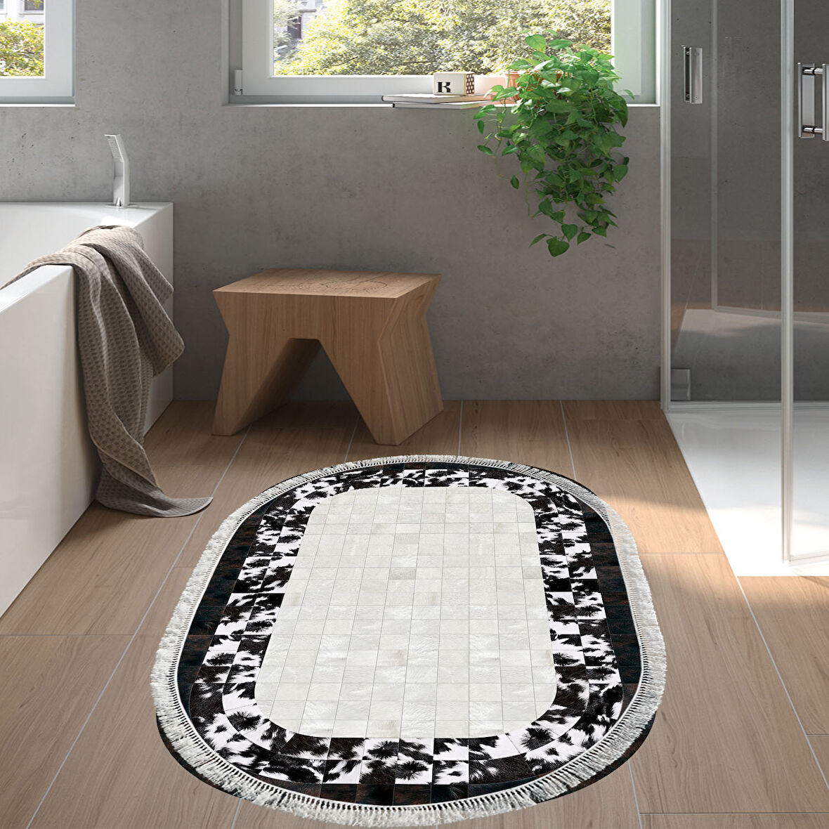 Dekoreko Kaymaz Taban Djt Banyo Halısı Star Pamuk Saçaklı Oval Modern 1495