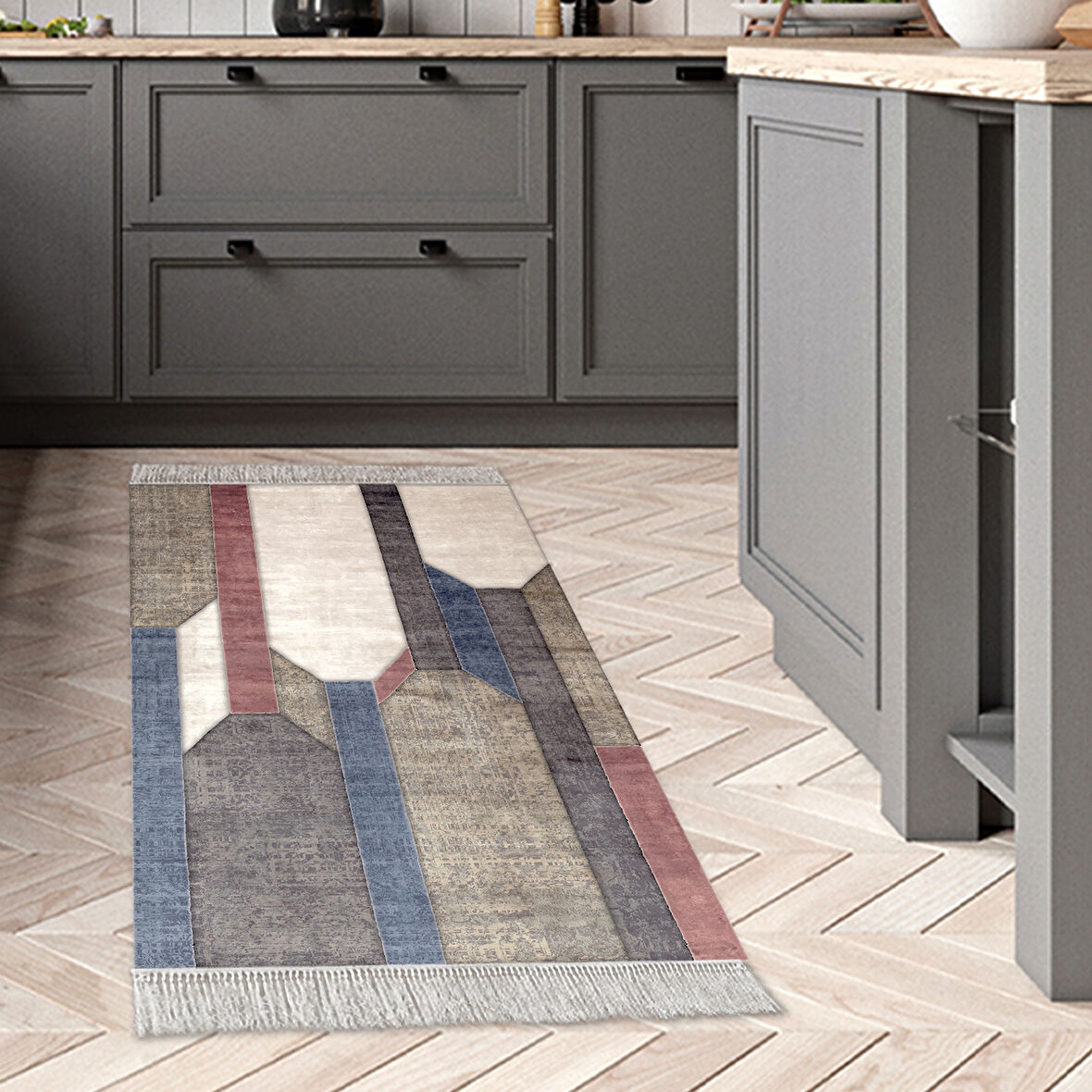 Dekoreko Kaymaz Taban Djt Mutfak Halısı Yıldız Deri Saçaklı Modern S6505