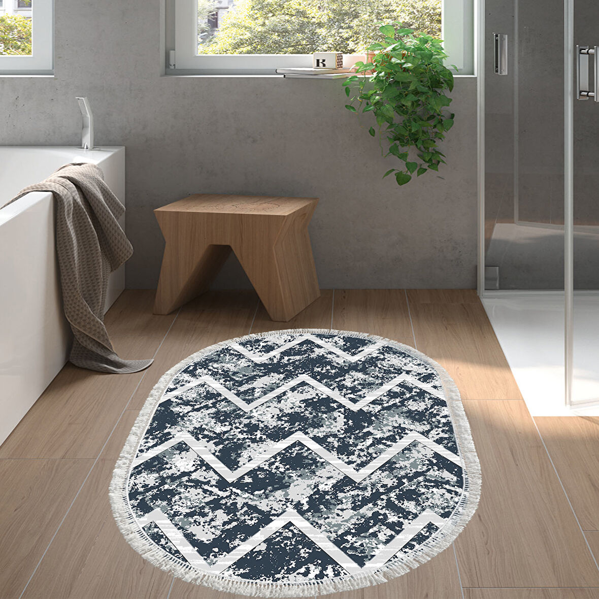 Dekoreko Kaymaz Taban Djt Banyo Halısı Trend Saçaklı Oval İskandinav F5128