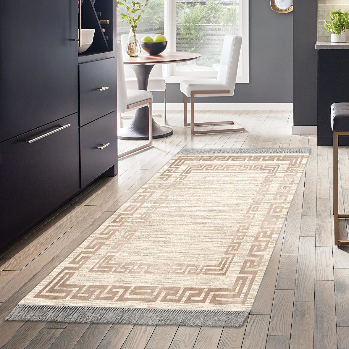 Dekoreko Kaymaz Taban Djt Mutfak Halısı Yıldız Deri Saçaklı Modern F5036