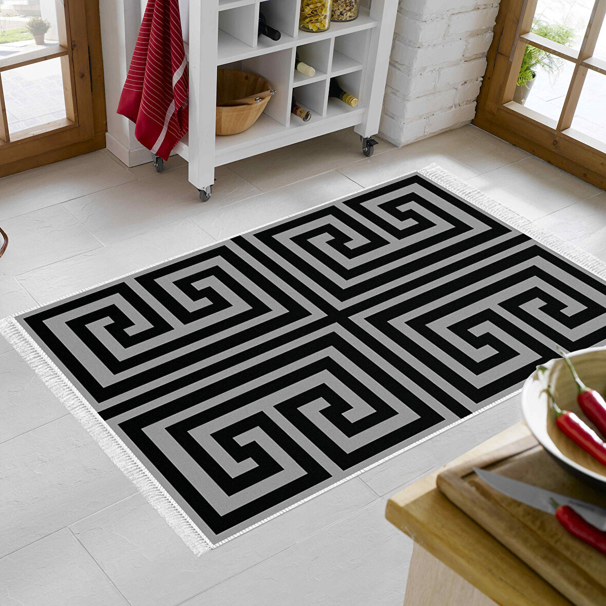 Dekoreko Kaymaz Taban Djt Mutfak Halısı Yıldız Deri Saçaklı Modern 658M