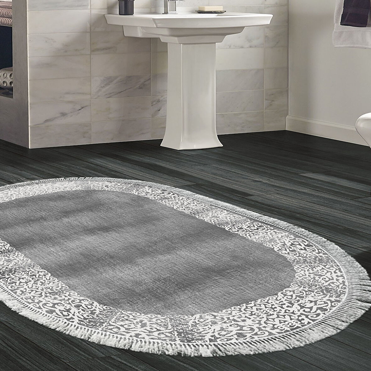 Dekoreko Kaymaz Taban Djt Banyo Halısı Yıldız Deri Saçaklı Oval Modern 1460