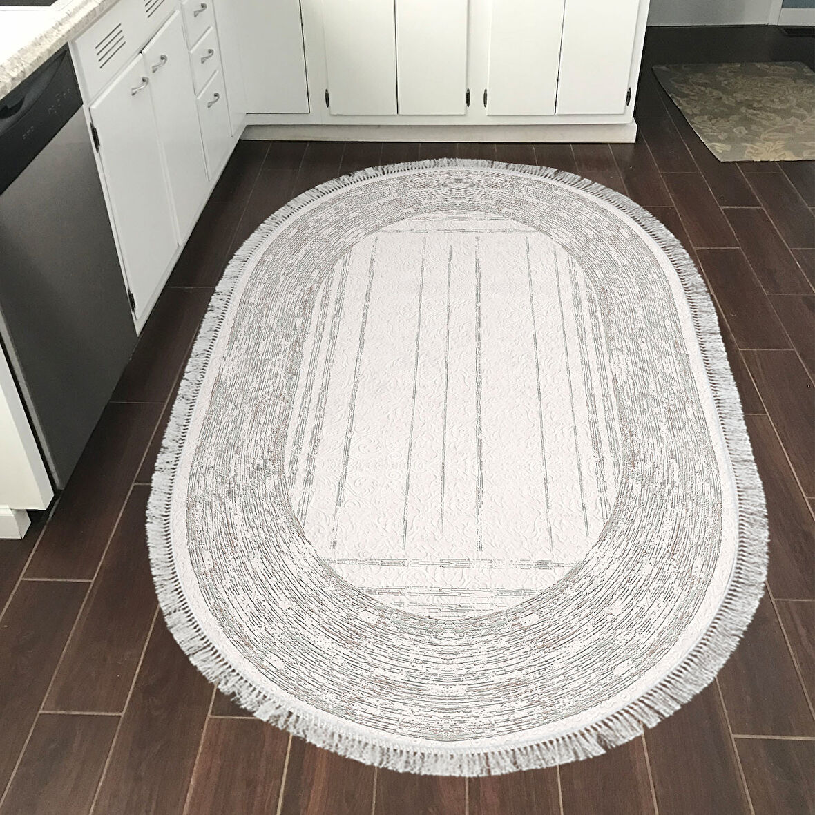 Dekoreko Kaymaz Taban Djt Mutfak Halısı Trend Saçaklı Oval Modern M5076
