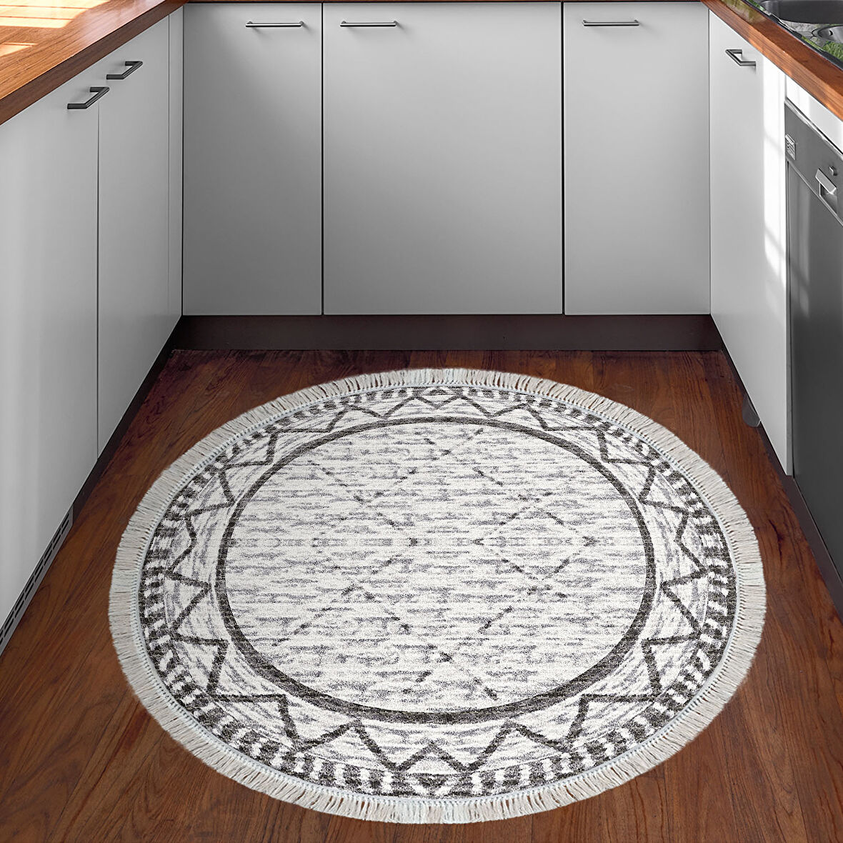 Dekoreko Kaymaz Taban Djt Mutfak Halısı Star Pamuk Saçaklı Yuvarlak İskandinav F5081