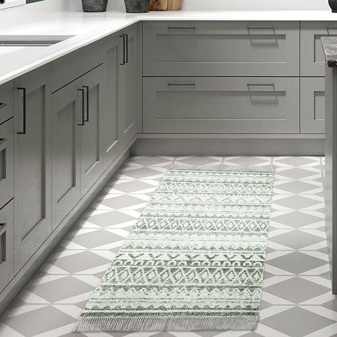 Dekoreko Kaymaz Taban Djt Mutfak Halısı Star Pamuk Saçaklı İskandinav F5078