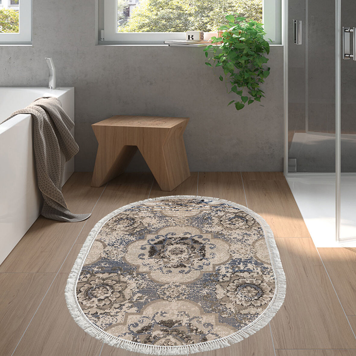 Dekoreko Kaymaz Taban Djt Banyo Halısı Star Pamuk Saçaklı Oval Modern 1903M