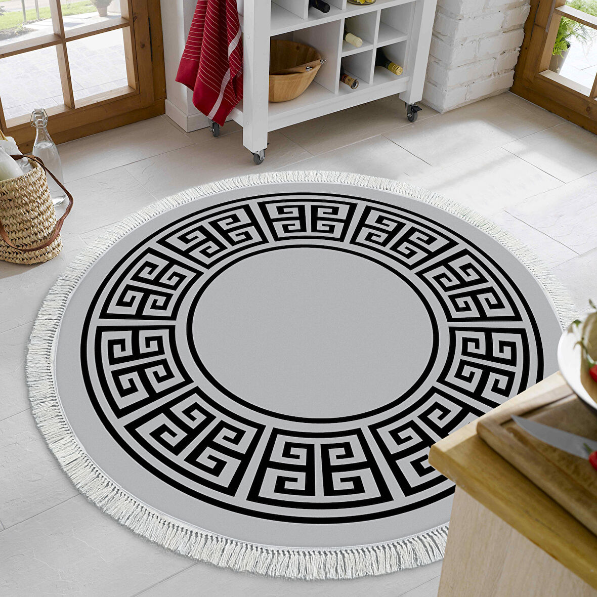 Dekoreko Kaymaz Taban Djt Mutfak Halısı Trend Saçaklı Yuvarlak Modern 608M