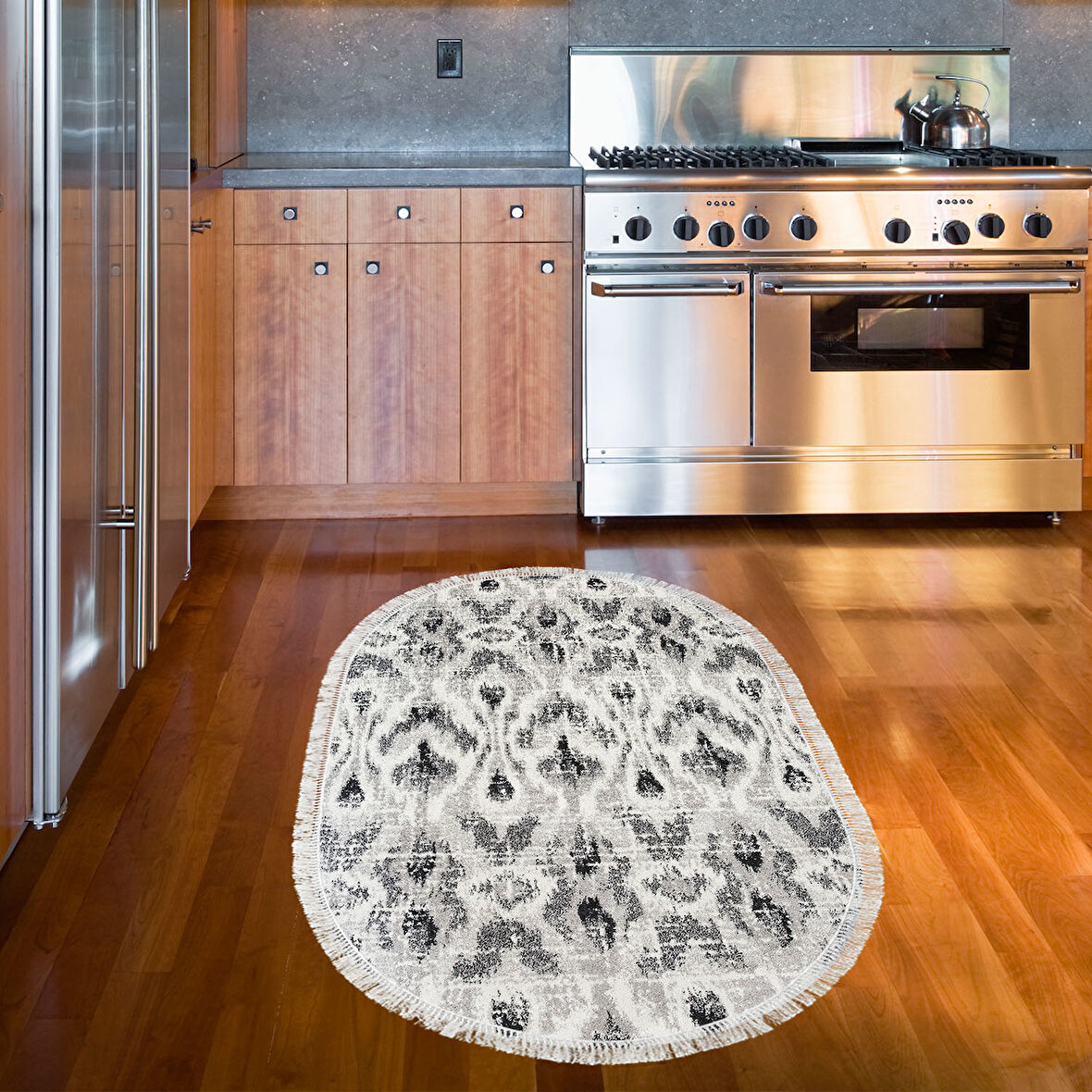 Dekoreko Kaymaz Taban Djt Mutfak Halısı Yıldız Deri Saçaklı Oval İskandinav F5136