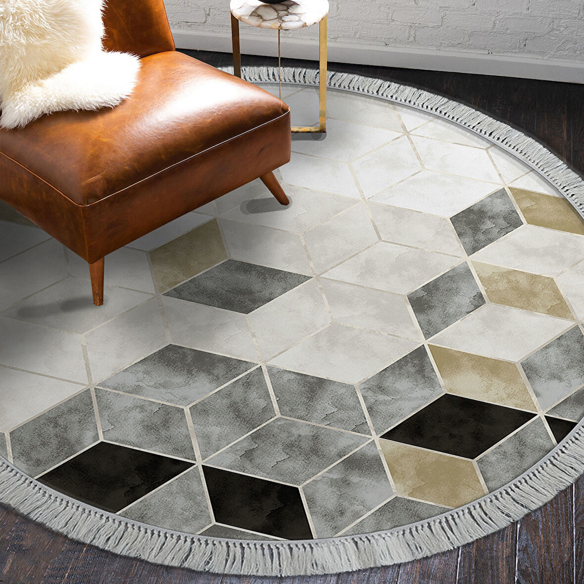 Dekoreko Kaymaz Taban Djt Salon Halısı Trend Saçaklı Yuvarlak İskandinav 2146M