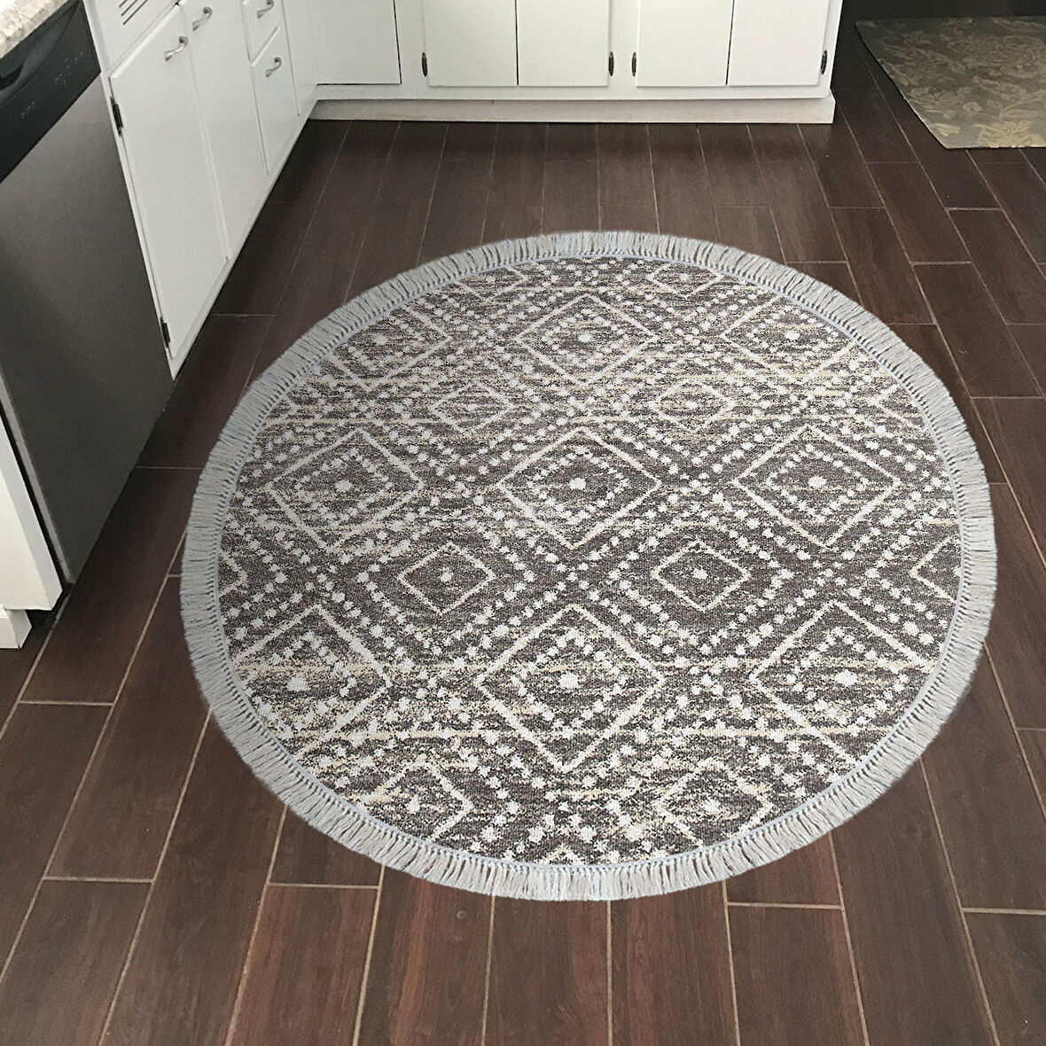 Dekoreko Kaymaz Taban Djt Mutfak Halısı Yıldız Deri Saçaklı Yuvarlak İskandinav F5087