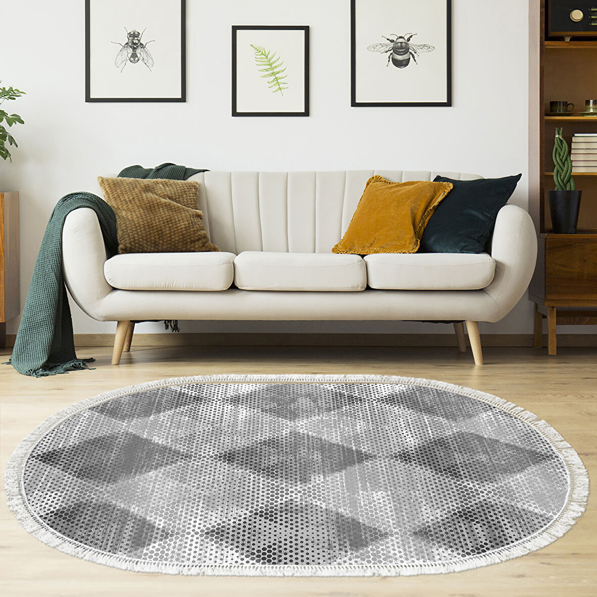 Dekoreko Kaymaz Taban Djt Salon Halısı Trend Saçaklı Oval İskandinav F5131