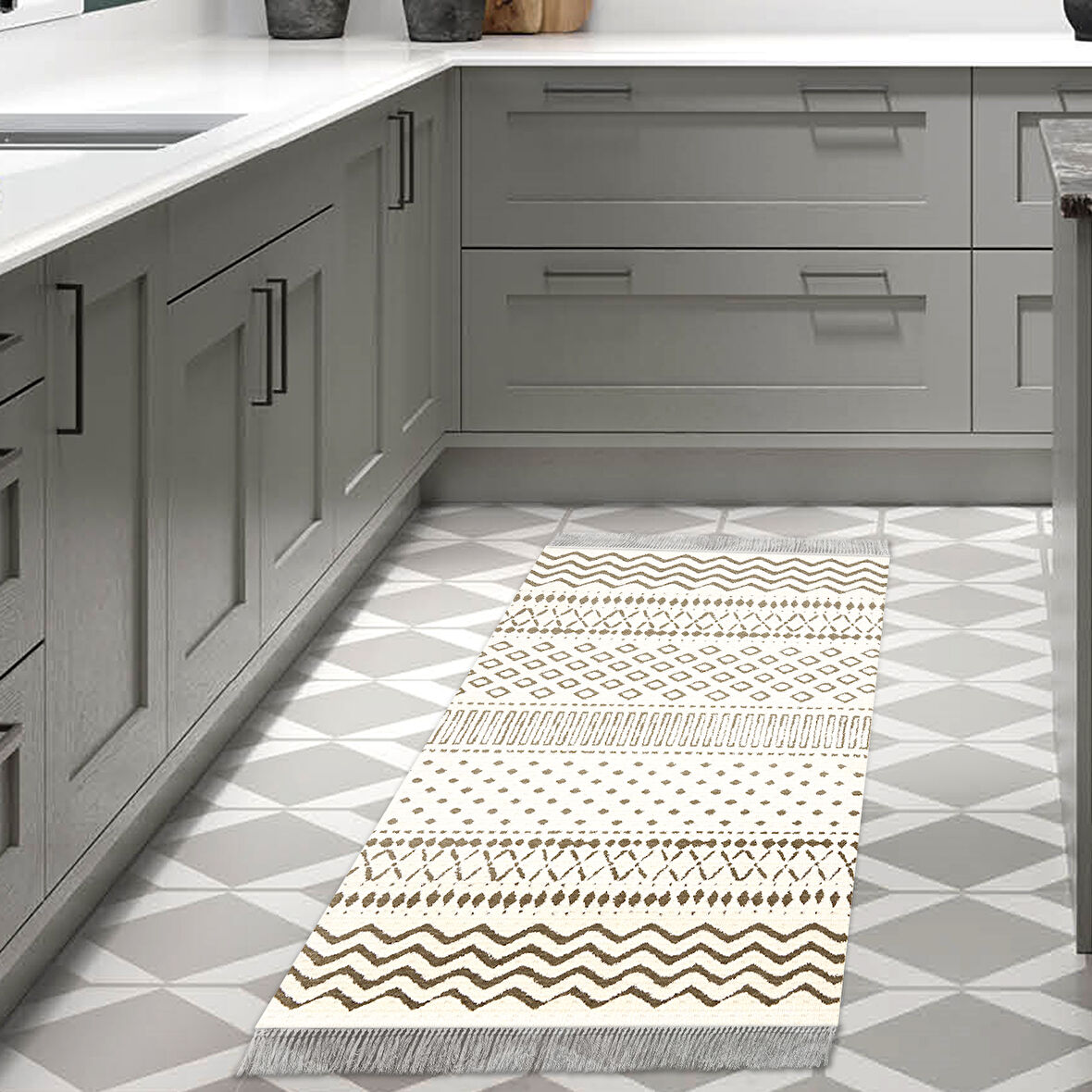 Dekoreko Kaymaz Taban Djt Mutfak Halısı Star Pamuk Saçaklı İskandinav F5086