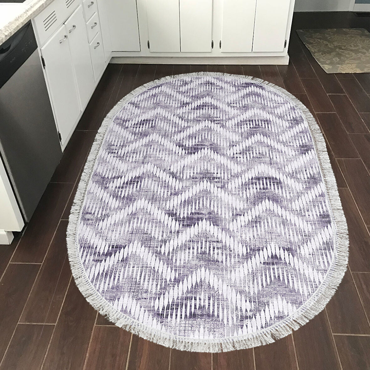 Dekoreko Kaymaz Taban Djt Mutfak Halısı Yıldız Deri Saçaklı Oval İskandinav F5124