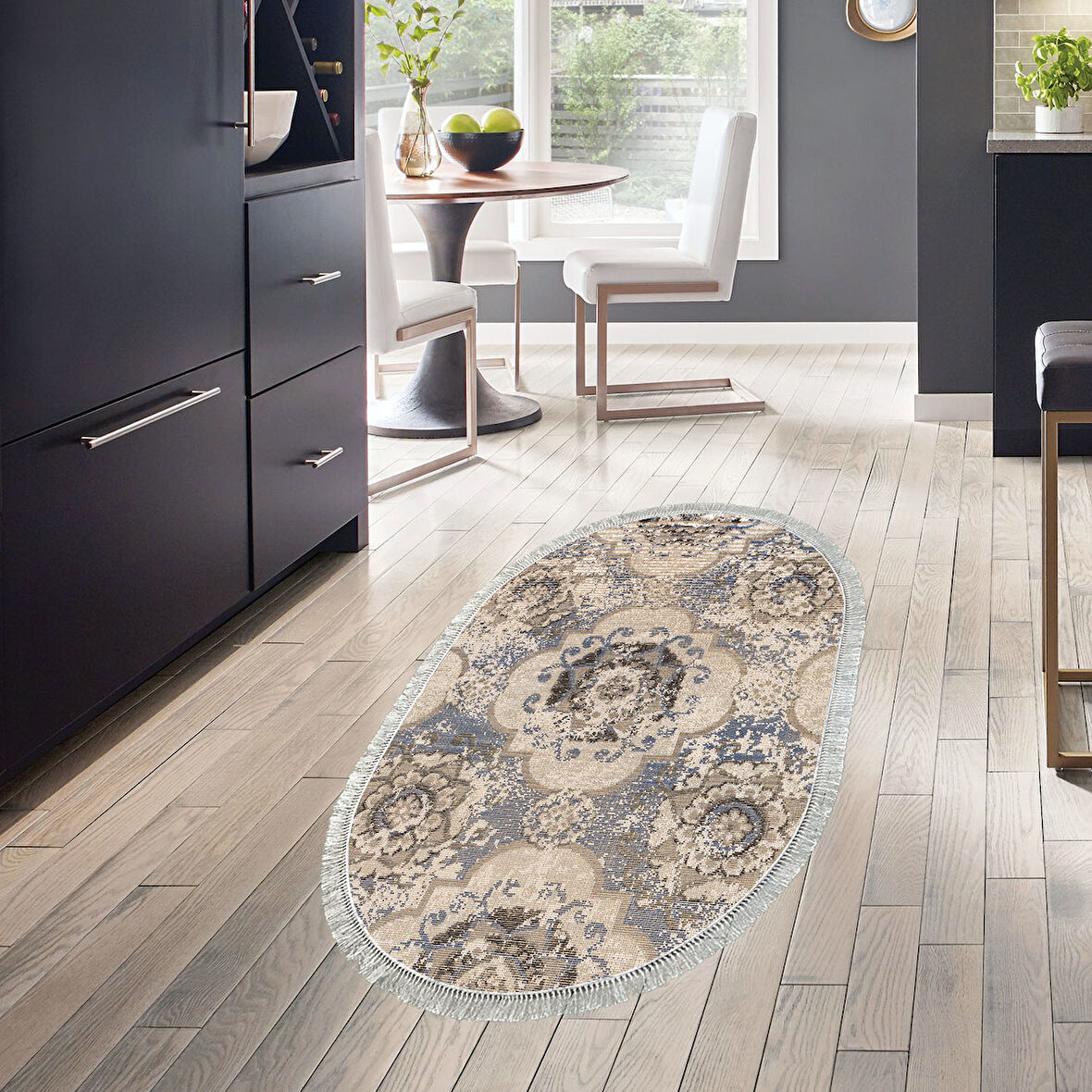 Dekoreko Kaymaz Taban Djt Mutfak Halısı Trend Saçaklı Oval Modern 1903M