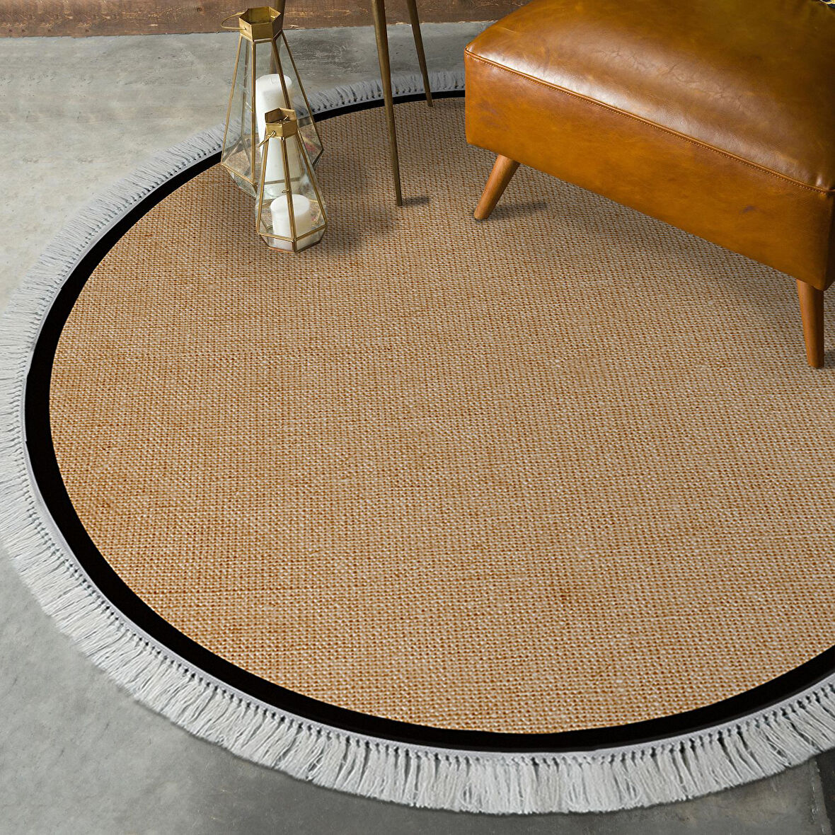 Alanur Home Kaymaz Taban Djt Banyo Mutfak Salon Halı  Trend Saçaklı Yuvarlak Dokuma Desen E5001