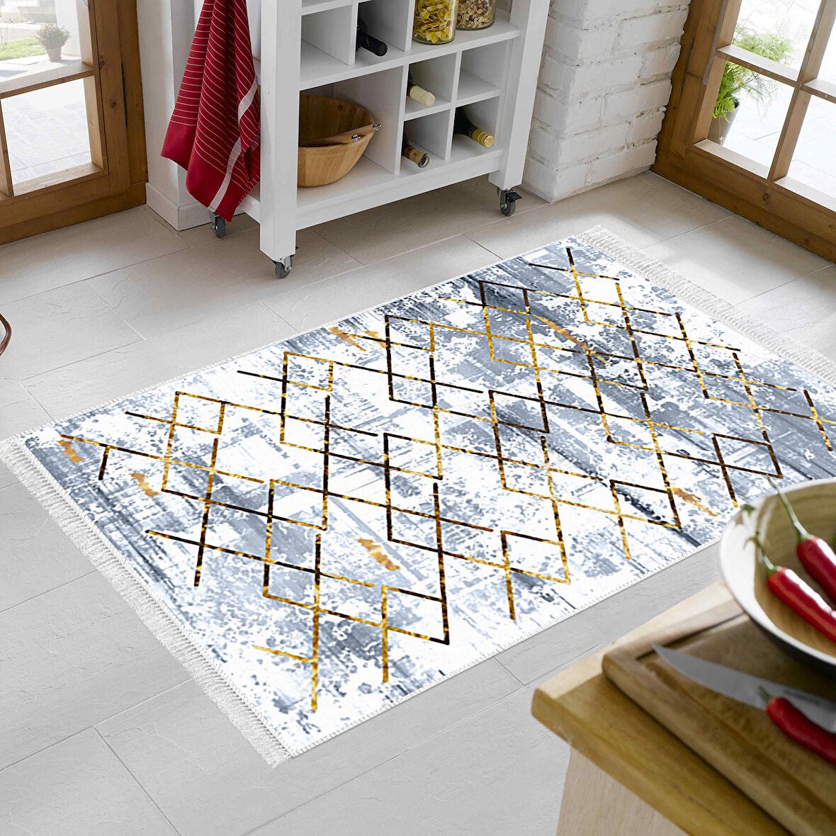 Dekoreko Kaymaz Taban Djt Mutfak Halısı Star Pamuk Saçaklı Modern M5026