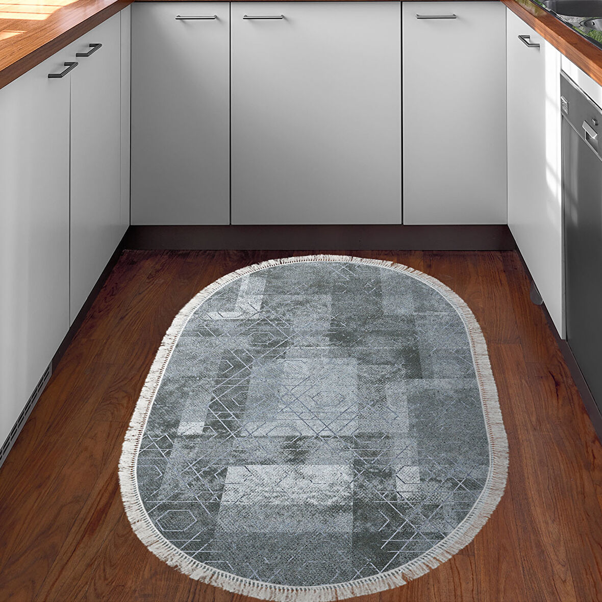 Dekoreko Kaymaz Taban Djt Mutfak Halısı Yıldız Deri Saçaklı Oval İskandinav F5132