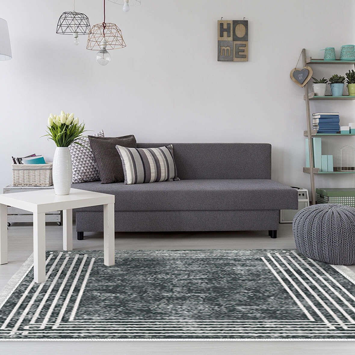 Dekoreko Kaymaz Taban Djt Salon Halısı Yıldız Deri Saçaklı Modern M5142