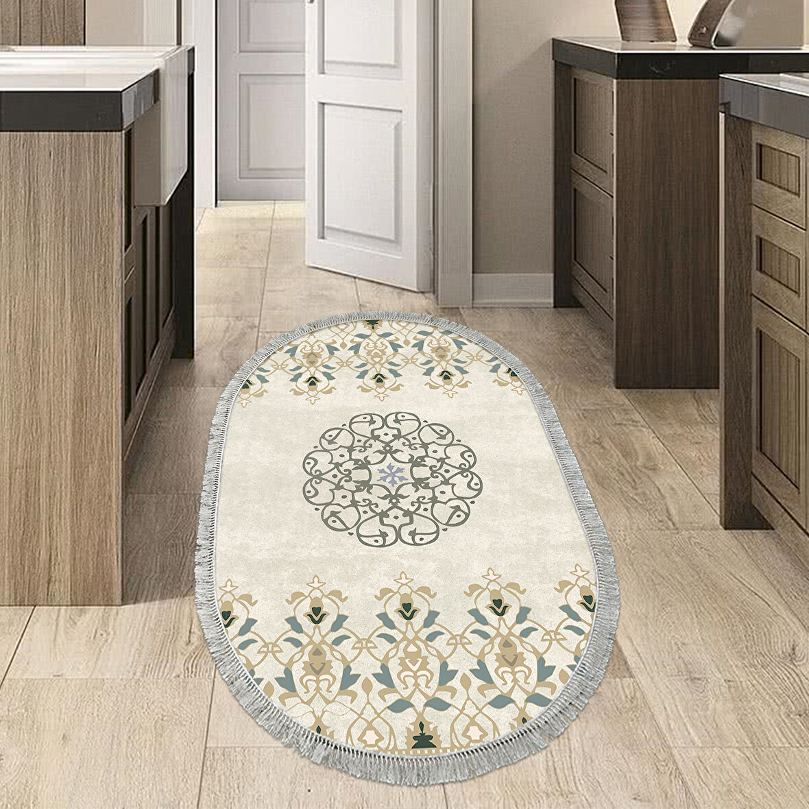 Dekoreko Kaymaz Taban Djt Mutfak Halısı Trend Saçaklı Oval Modern 1491