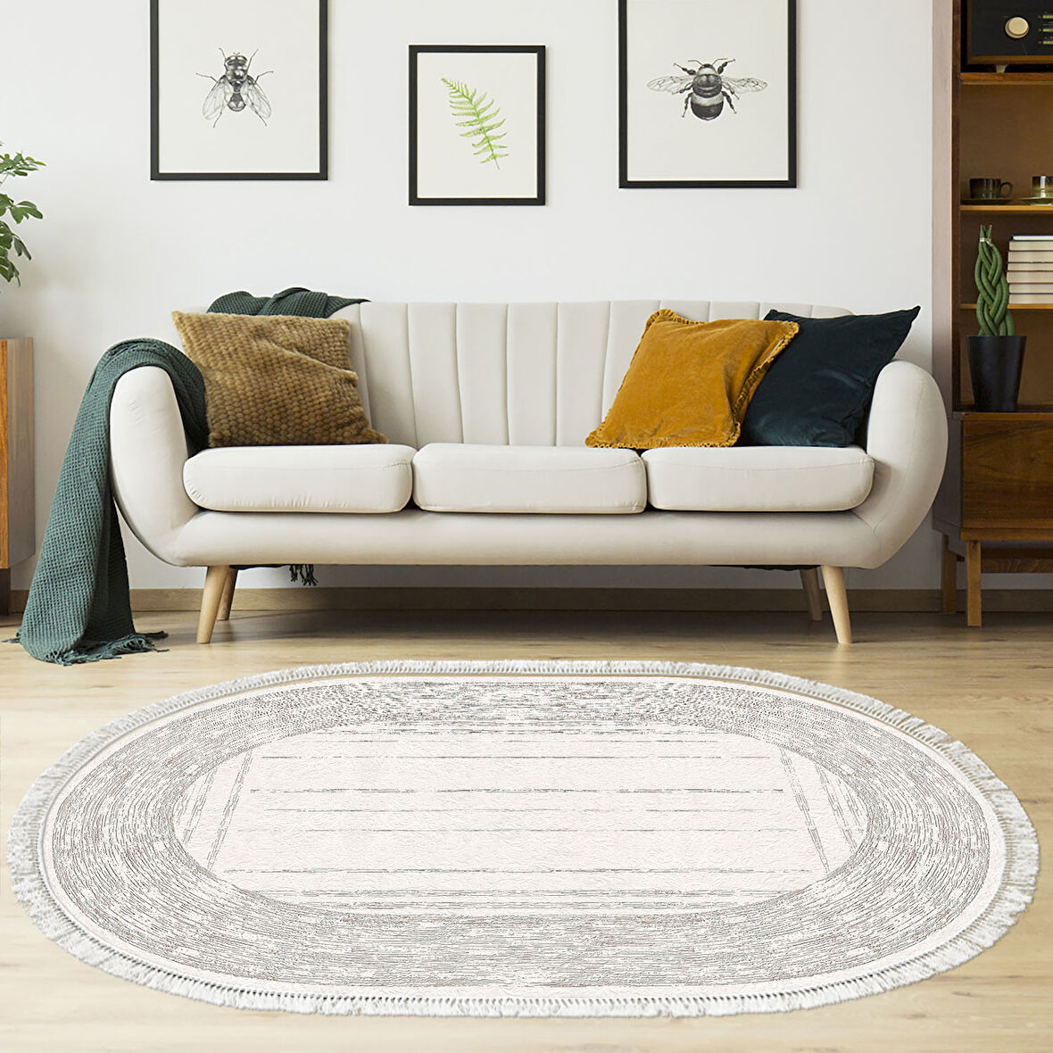 Dekoreko Kaymaz Taban Djt Salon Halısı Yıldız Deri Saçaklı Oval Modern M5076