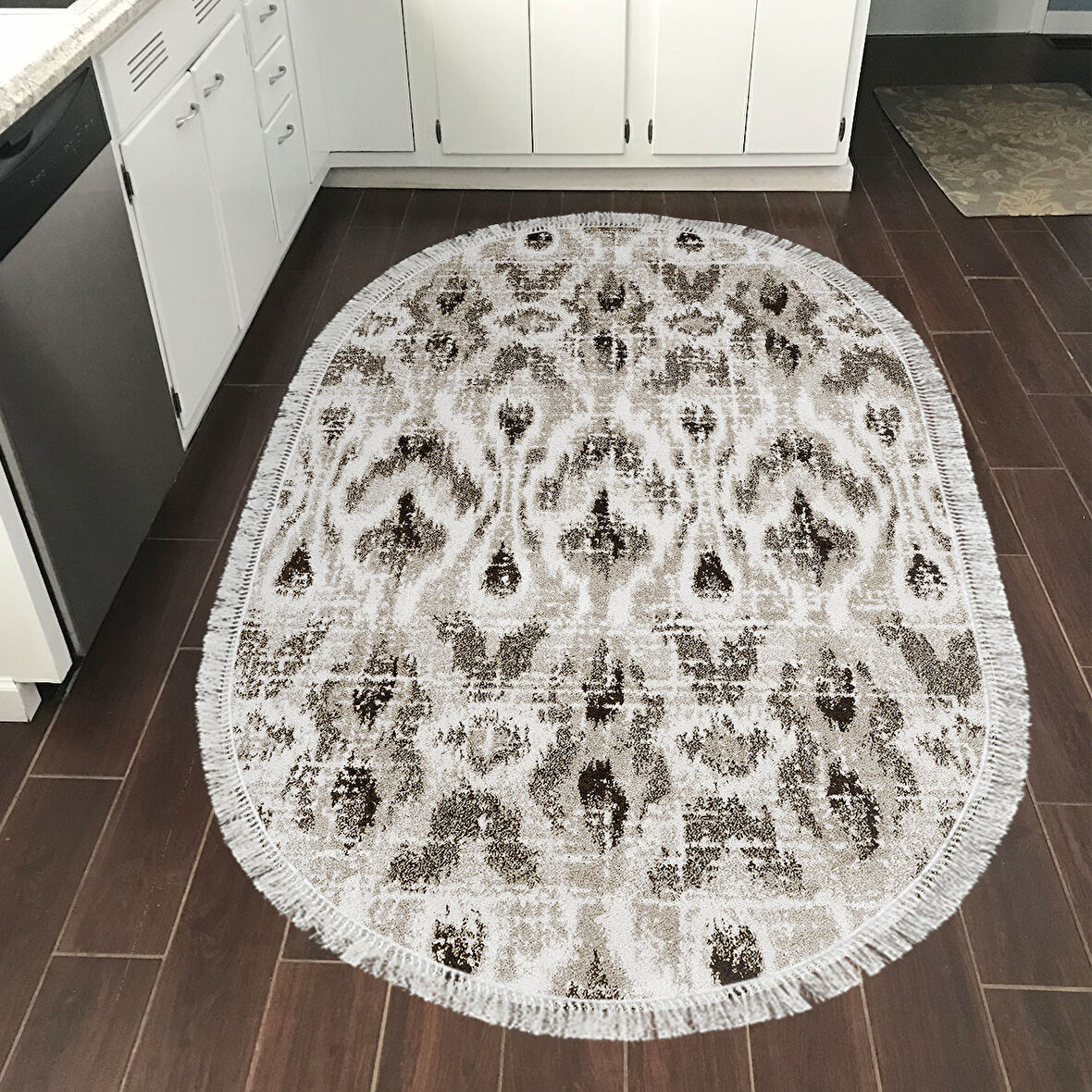 Dekoreko Kaymaz Taban Djt Mutfak Halısı Yıldız Deri Saçaklı Oval İskandinav F5136