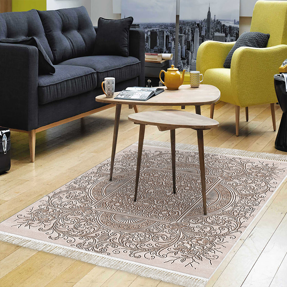 Dekoreko Kaymaz Taban Djt Salon Halısı Yıldız Deri Saçaklı Modern 1488