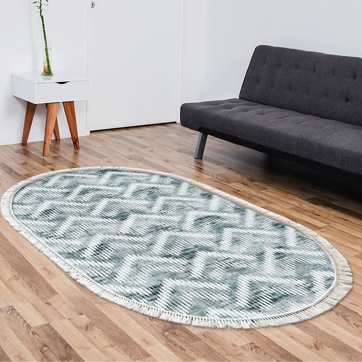 Dekoreko Kaymaz Taban Djt Salon Halısı Trend Saçaklı Oval İskandinav F5124