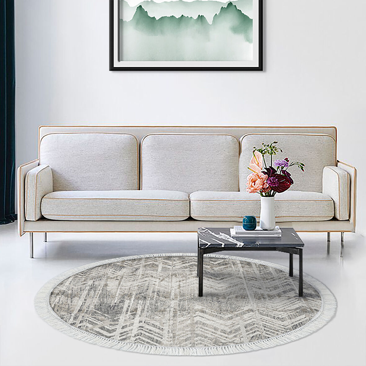 Dekoreko Kaymaz Taban Djt Salon Halısı Trend Saçaklı Yuvarlak İskandinav F5083