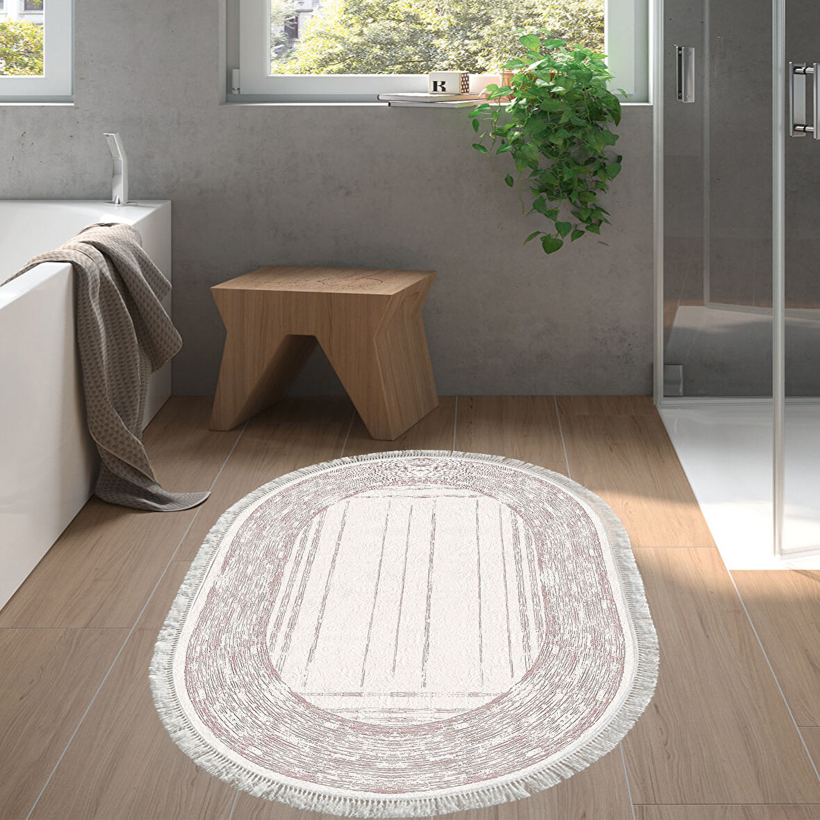 Dekoreko Kaymaz Taban Djt Banyo Halısı Trend Saçaklı Oval Modern M5076