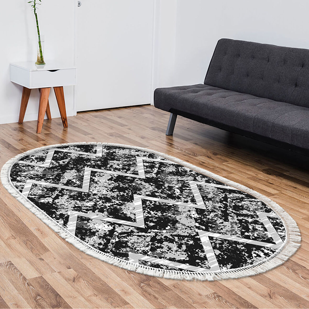 Dekoreko Kaymaz Taban Djt Salon Halısı Yıldız Deri Saçaklı Oval İskandinav F5128