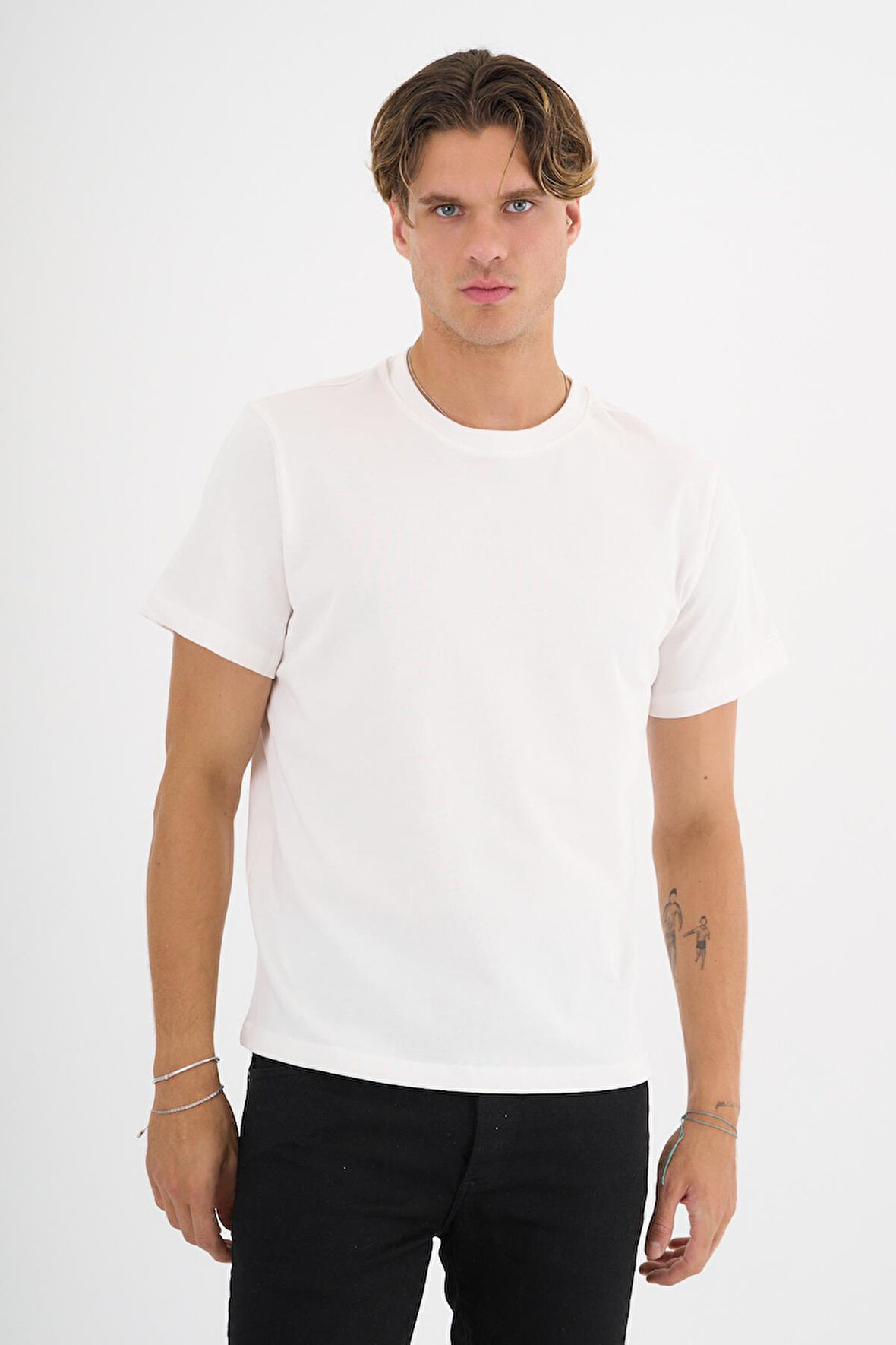 Erkek Ekru %100 Pamuklu Standart Kalıp T-Shirt