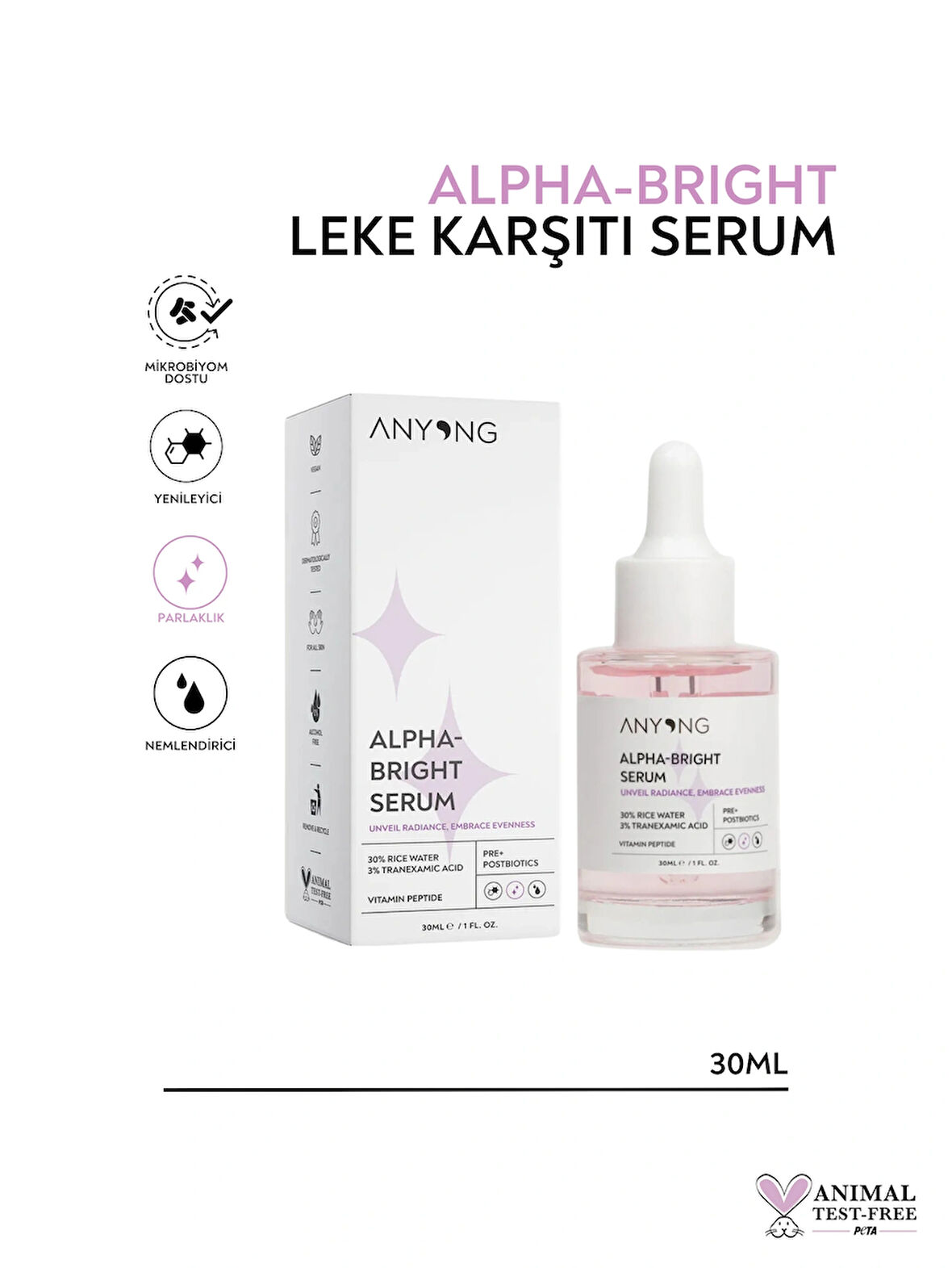 Anyong Alfa Arbutin Aydınlatıcı, Leke Karşıtı, Ton Eşitleyici Serum 30 ml (Pirinç Suyu & Traneksamik Asit)