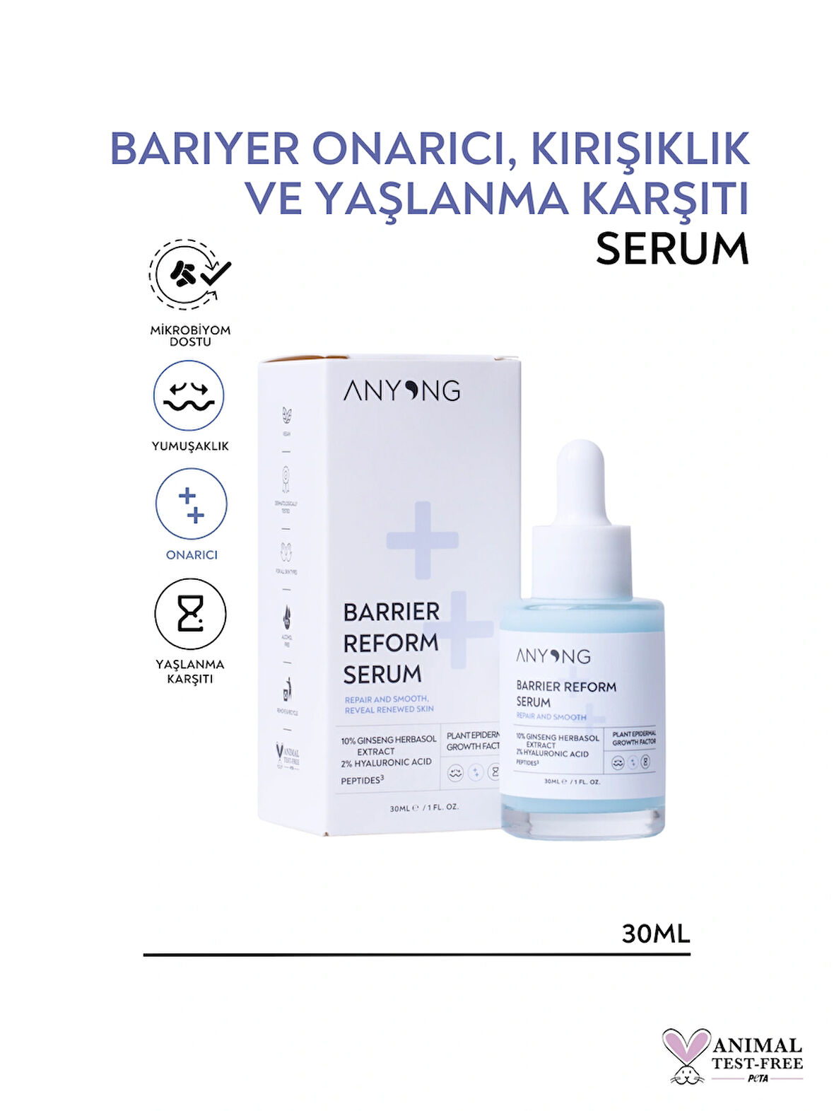 Anyong Bariyer Onarıcı, Kırışıklık ve Yaşlanma Karşıtı Serum (Hyalüronik Asit & Peptit & Seramid & Ginseng)