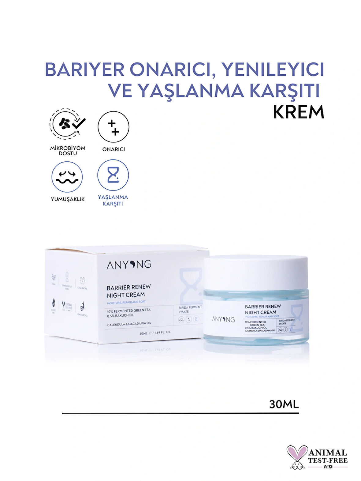 Anyong Bariyer Onarıcı, Yenileyici ve Yaşlanma Karşıtı Krem 50 ml ( Yeşil Çay & Bakuchiol & Bifida)